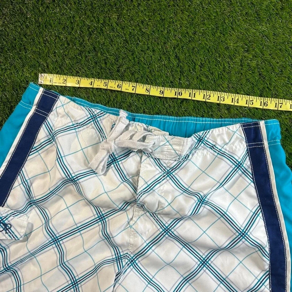 OP Ocean Pacific Plaid Swim Trunks Blue White Mesh Lined Mens Large 36 38 Surf